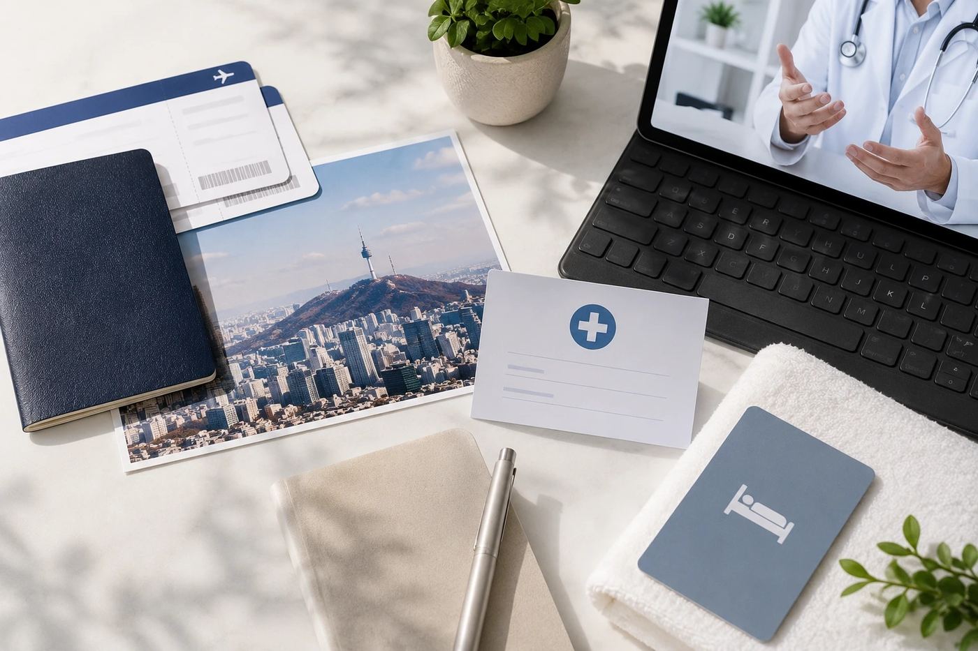 Travel documents, a Seoul skyline photo, and a laptop showing a telehealth consultation — planning medical travel to Korea