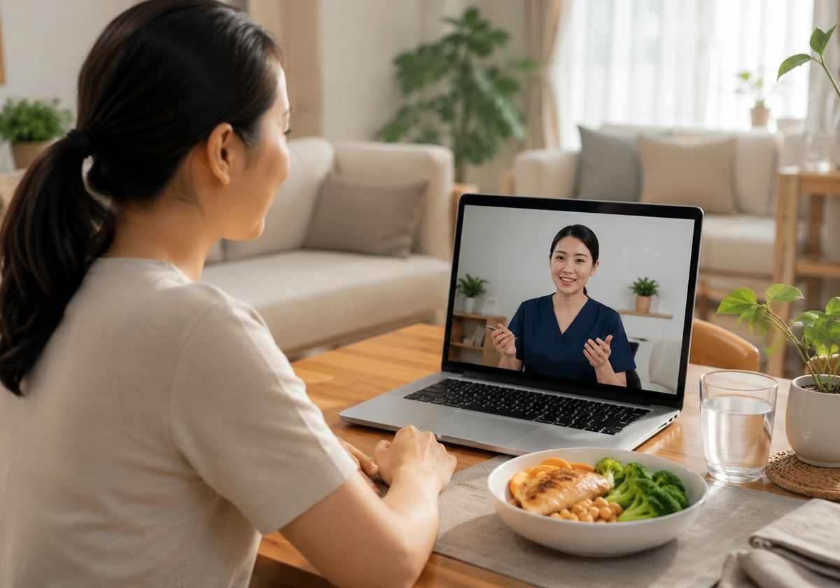 A patient at home on a video follow-up call with a clinician