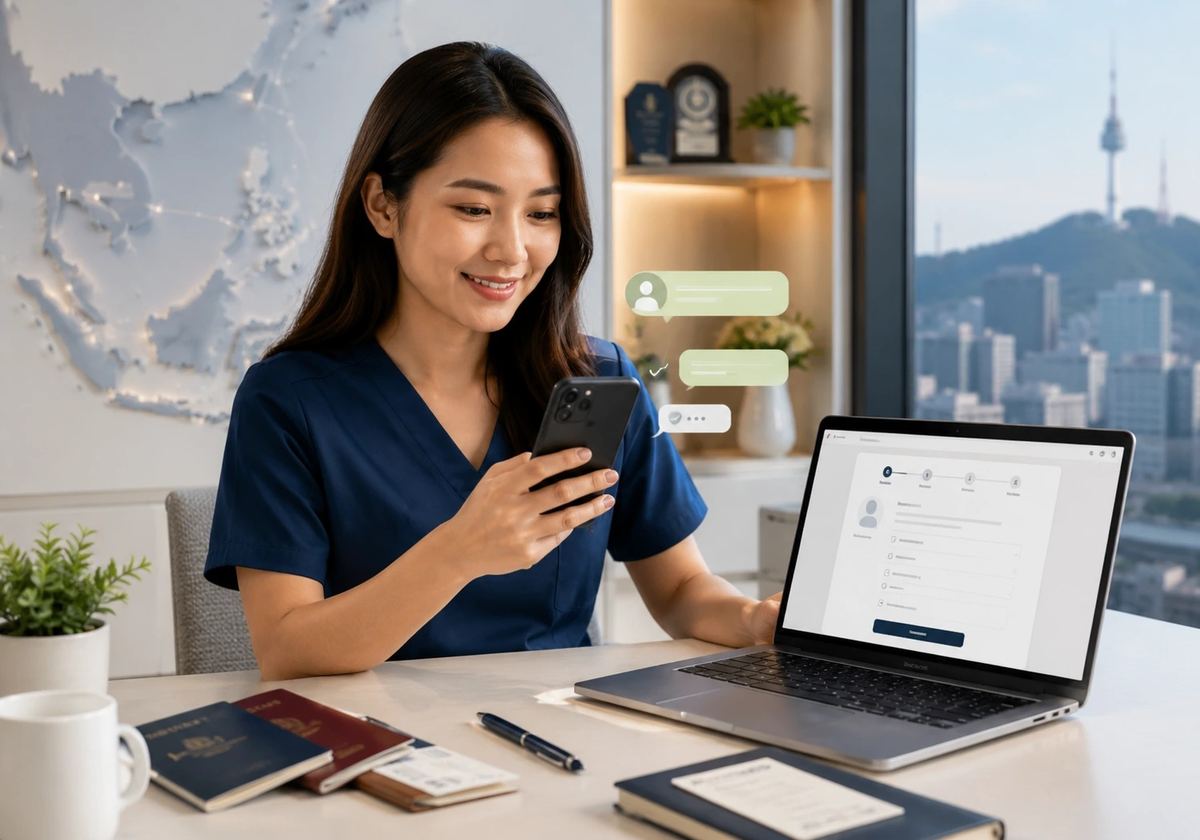 A care coordinator replies to WhatsApp messages while preparing a patient intake form