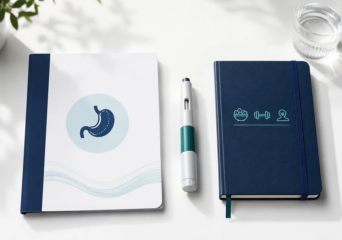 A surgical information booklet, a GLP-1 injection pen, and a lifestyle journal side by side