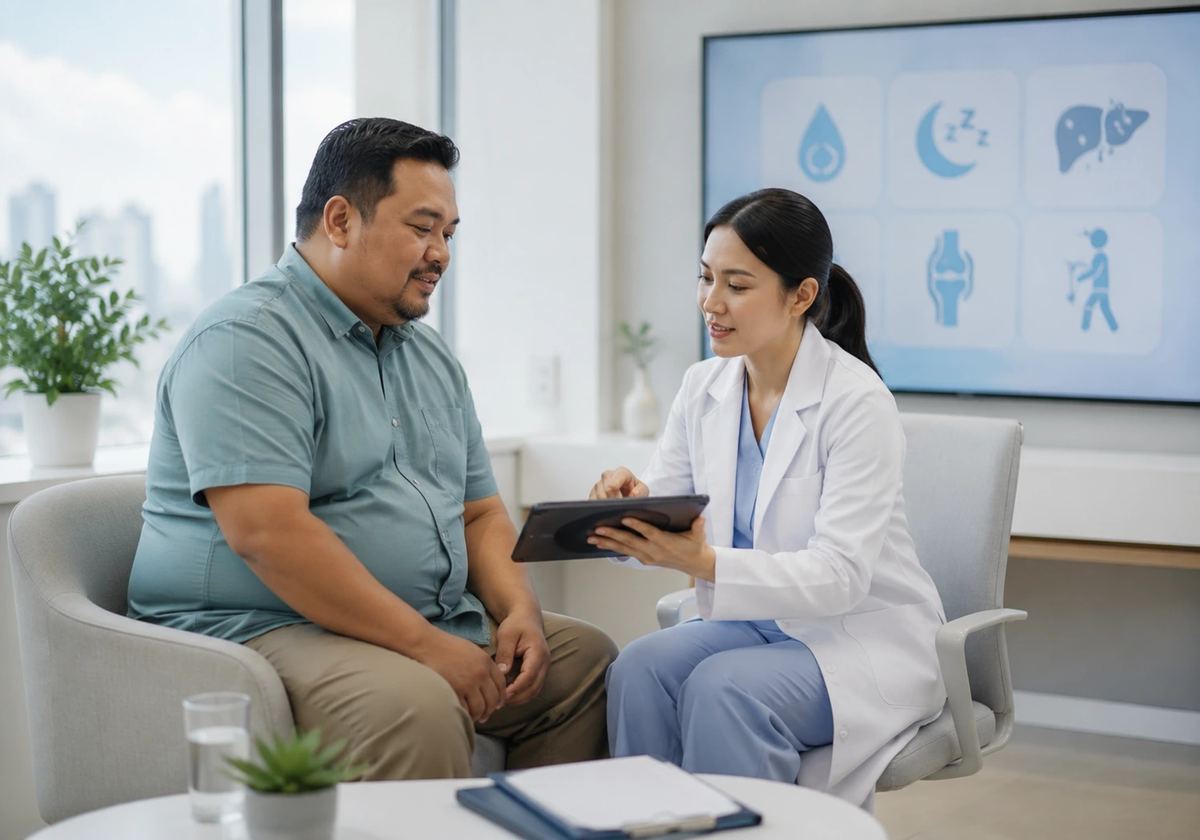 A doctor reviews obesity-related health conditions with a patient during a clinic consultation