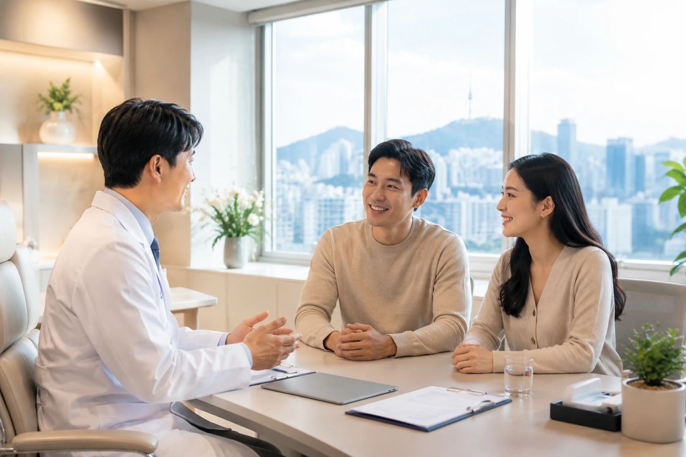 A couple discusses a treatment plan with a doctor at a clinic overlooking Seoul